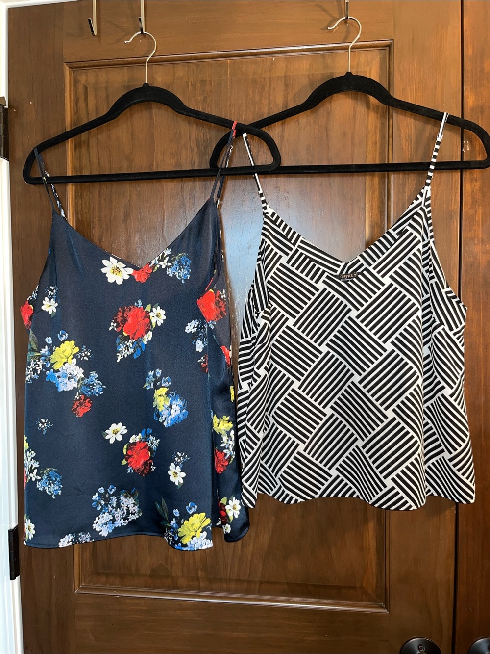Navy Floral V-Neck Satin Cami with Spaghetti Straps
